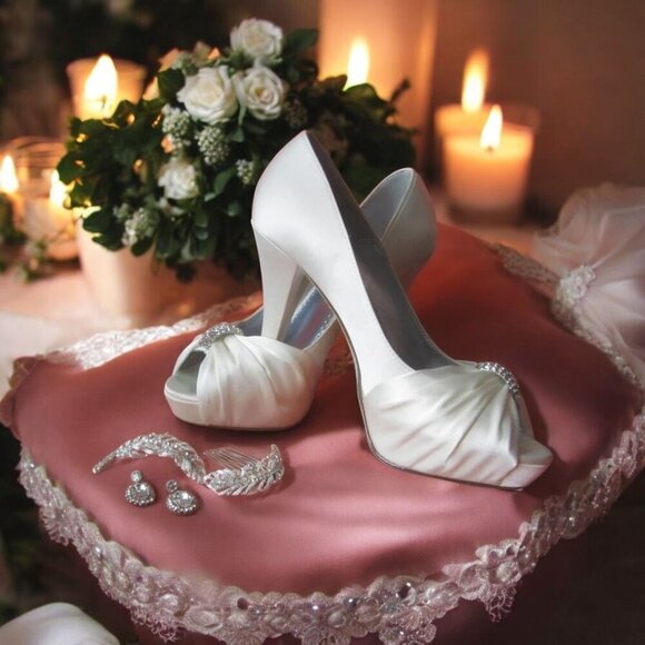 Michaelangelo Diana Ivory Satin Peep‑Toe Heels – Rhinestone Bridal 4” Size 7.5